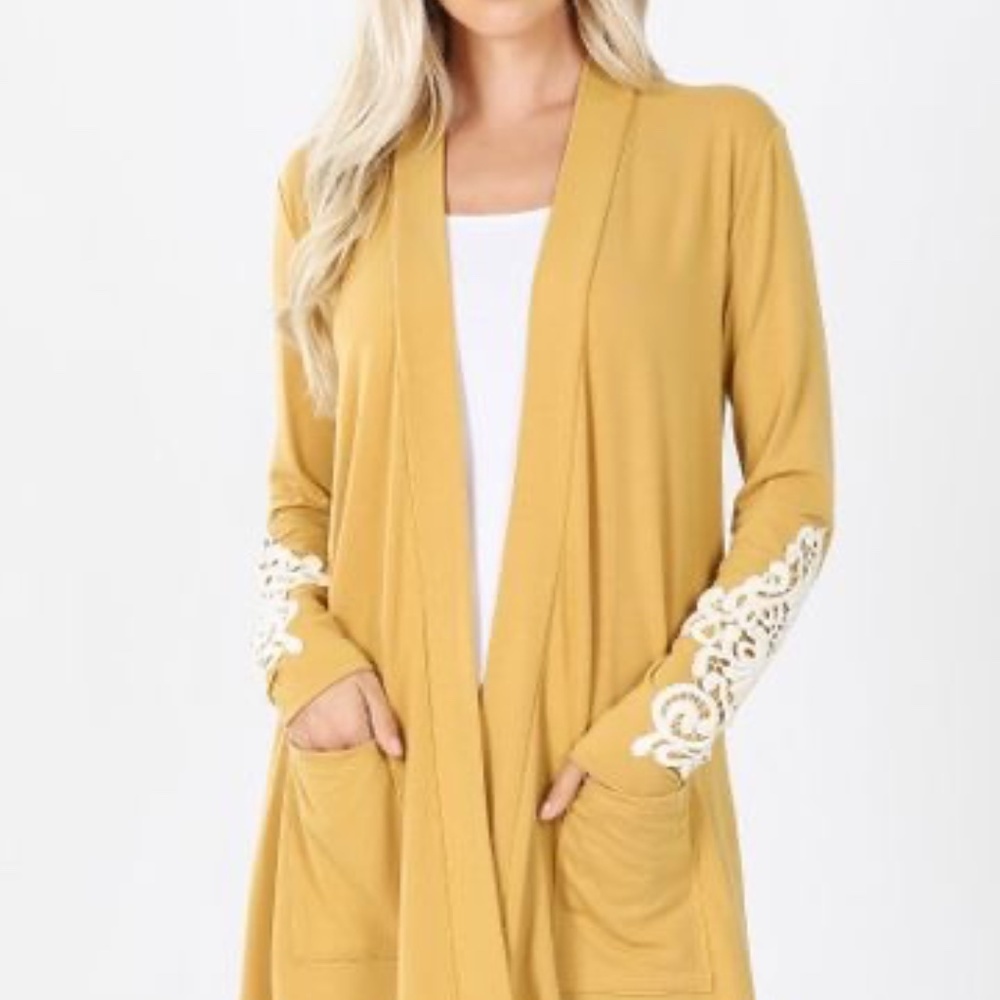 Boho Casual Mustard Lace Elbow Open Front Long Cardigan Small Size S